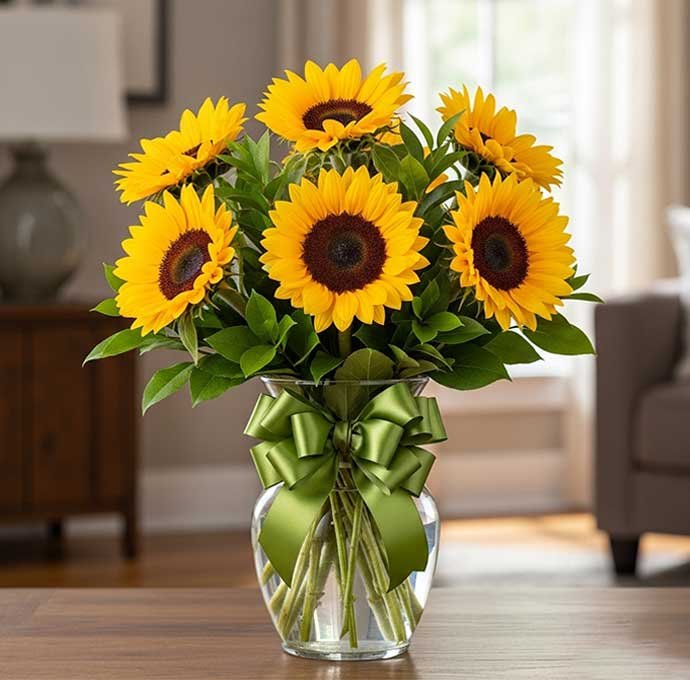 Un arreglo con girasoles es símbolo de alegría, optimismo y energía positiva, ideal para iluminar cualquier ocasión especial