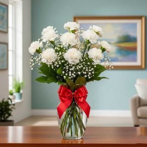 Claveles blancos frescos y elegantes en arreglos florales delicados, ideales para regalar pureza, amor y ternura en ocasiones especiales, entregas express en la ciudad de México.
