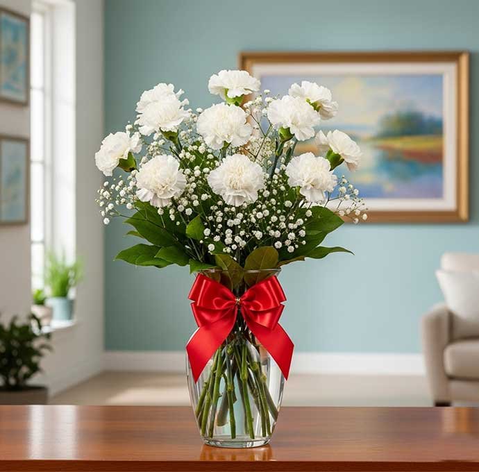 Claveles blancos frescos y elegantes en arreglos florales delicados, ideales para regalar pureza, amor y ternura en ocasiones especiales, entregas express en la ciudad de México.