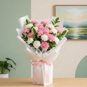 Claveles ramos rosa y blanco frescos y elegantes, perfectos para regalar amor, ternura y alegría en cumpleaños, aniversarios o ocasiones especiales.