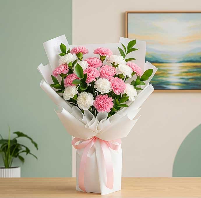 Claveles ramos rosa y blanco frescos y elegantes, perfectos para regalar amor, ternura y alegría en cumpleaños, aniversarios o ocasiones especiales.
