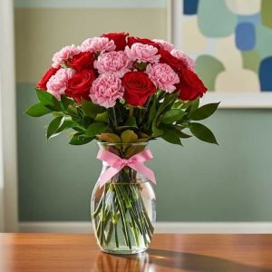 Arreglo de claveles y rosa roja frescos y elegantes, ideal para regalar amor, pasión y ternura en cumpleaños, aniversarios o fechas especiales
