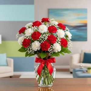 Flores claveles rojos y blancos frescas en elegantes arreglos, perfectas para regalar amor, ternura y armonía en cualquier ocasión especial.