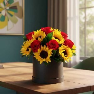 Las flores en caja con girasoles y rosas son un regalo moderno, elegante y lleno de color que transmite alegría, amor y energía positiva.