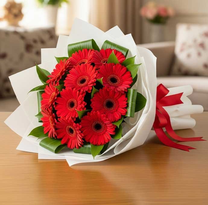 La gerbera roja en ramo es un detalle elegante y lleno de energía que transmite pasión, alegría y amor, ideal para sorprender en cumpleaños, aniversarios o celebraciones especiales