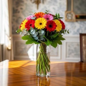 Las gerberas de colores son flores alegres y vibrantes que transmiten felicidad, energÃa y optimismo. Ideales para cumpleaños, aniversarios, celebraciones o simplemente para alegrar cualquier espacio, estas flores destacan por sus colores intensos y su forma perfecta, aportando frescura y estilo a cualquier arreglo