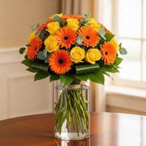 Las gerberas y rosas crean una combinación única entre la elegancia clásica y la alegrÃa vibrante. Las rosas transmiten amor y romanticismo, mientras que las gerberas aportan frescura, energÃa y color.