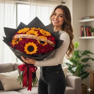 Los grandes ramos de rosas con girasoles son la elección perfecta para sorprender con un regalo lleno de alegría, color y elegancia.