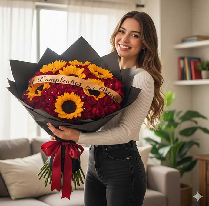 Los grandes ramos de rosas con girasoles son la elección perfecta para sorprender con un regalo lleno de alegría, color y elegancia.