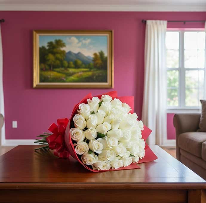 Sorprende con un impactante ramo buchón de 50 rosas blancas, símbolo de pureza, paz y amor eterno. 🌹✨ Perfecto para pedidas de mano, aniversarios, bodas o momentos únicos, este ramo transmite grandeza y elegancia en cada detalle.