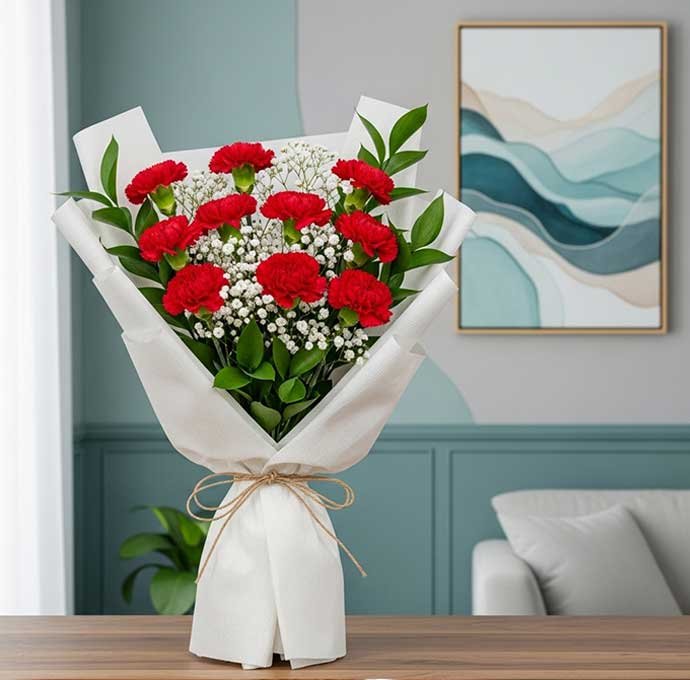 Ramo de claveles frescos y elegantes en colores vibrantes, ideal para regalar en cumpleaños, aniversarios o expresar sentimientos con flores únicas.