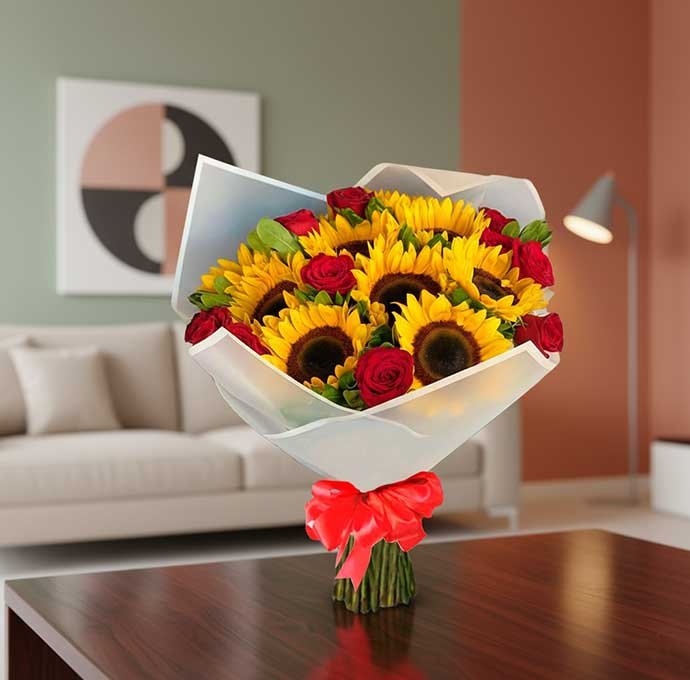 El ramo de girasoles con rosas es un detalle lleno de vida, color y elegancia, perfecto para sorprender en cualquier ocasión especial. La luminosidad de los girasoles se une con la pasión y ternura de las rosas, creando un arreglo floral único que transmite alegría, amor y gratitud
