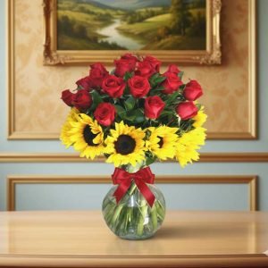 Ramo de Girasoles y Rosas con Florero
