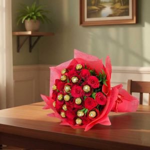 Ramo de Rosas con Chocolates Sorprende con un detalle romántico y delicioso: un ramo de rosas frescas acompañado de chocolates finos, el regalo perfecto para expresar amor, ternura y dulzura en cualquier ocasión especial.