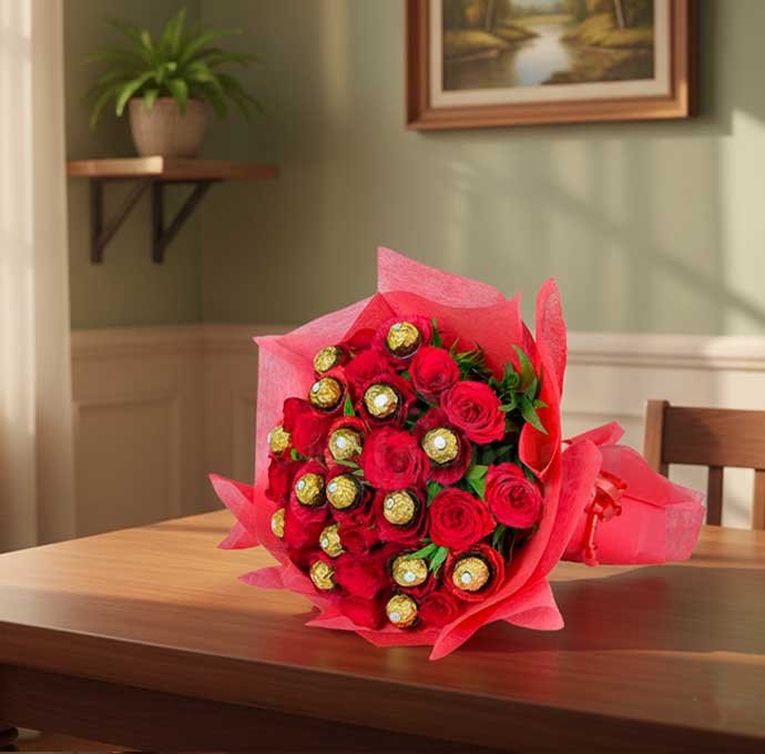 Ramo de Rosas con Chocolates Sorprende con un detalle romántico y delicioso: un ramo de rosas frescas acompañado de chocolates finos, el regalo perfecto para expresar amor, ternura y dulzura en cualquier ocasión especial.