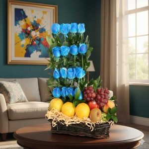 Los regalos para hombre con frutas y rosas azules son una opción original, sofisticada y llena de frescura para sorprender en cualquier ocasión especial.