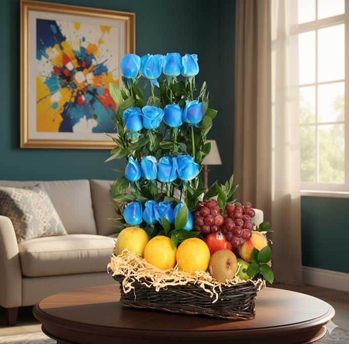 Los regalos para hombre con frutas y rosas azules son una opción original, sofisticada y llena de frescura para sorprender en cualquier ocasión especial.