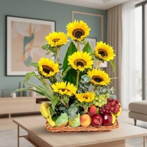 Canasta de Frutas para Regalar con Girasoles – Frescura y Alegría La canasta de frutas con girasoles es un regalo lleno de color, energía y frescura.