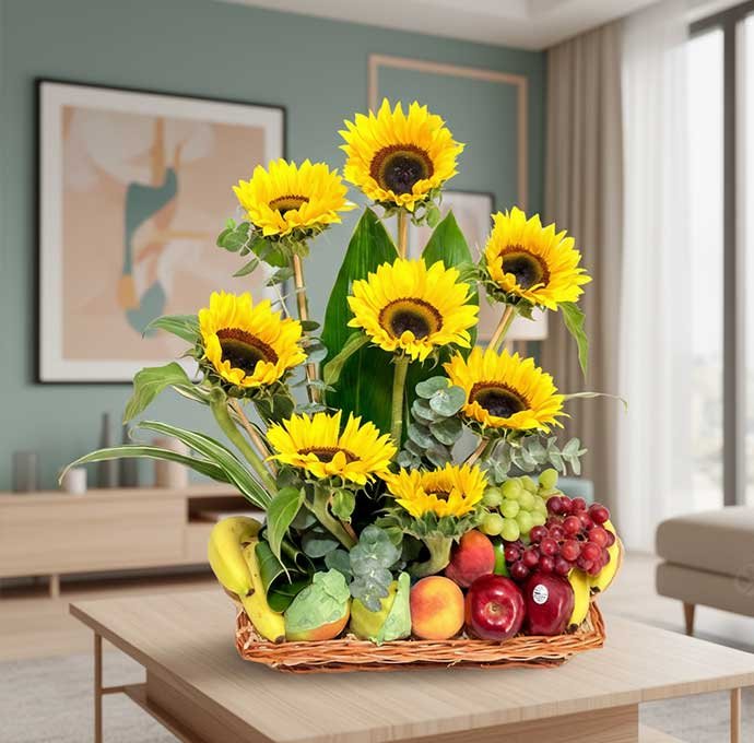 Canasta de Frutas para Regalar con Girasoles – Frescura y Alegría La canasta de frutas con girasoles es un regalo lleno de color, energía y frescura.