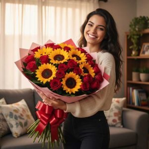 Los elegantes ramos de rosas con girasoles combinan la sofisticación de las rosas con la energía radiante de los girasoles, creando un arreglo floral lleno de estilo y frescura.