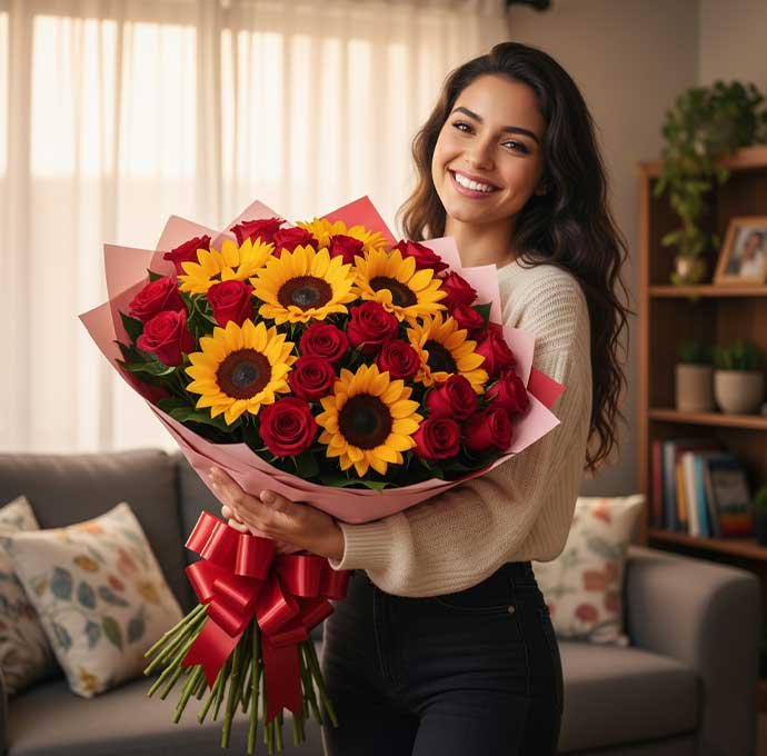 Los elegantes ramos de rosas con girasoles combinan la sofisticación de las rosas con la energía radiante de los girasoles, creando un arreglo floral lleno de estilo y frescura.
