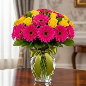 orprende con un ramo de gerberas y rosas en florero, la fusión perfecta entre elegancia y alegrÃa. Las rosas transmiten amor y romanticismo, mientras que las gerberas llenan de color y energÃa cualquier espacio.