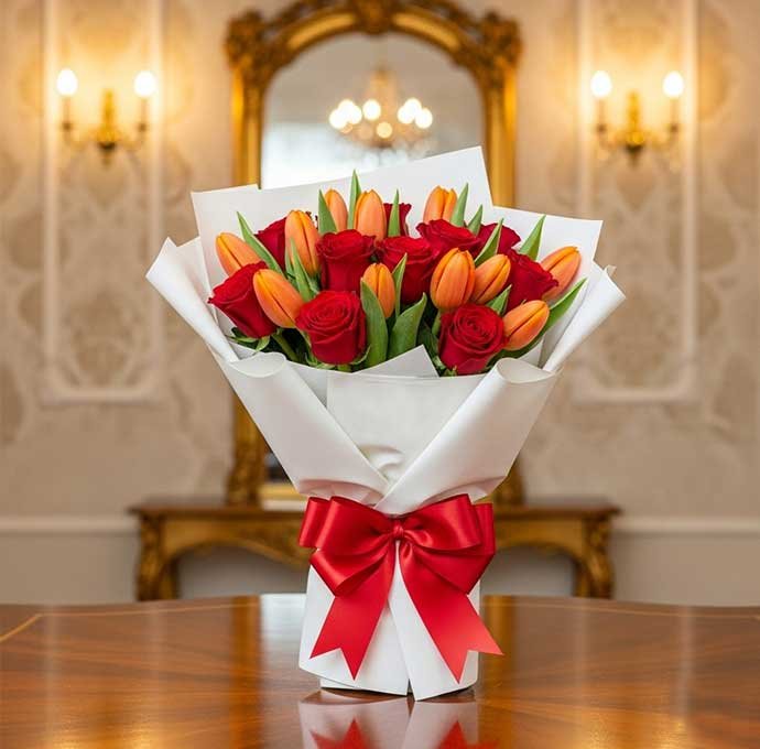 Los ramos de tulipanes y rosas son una fusión elegante y sofisticada que transmite amor, alegría y romanticismo en cada detalle.