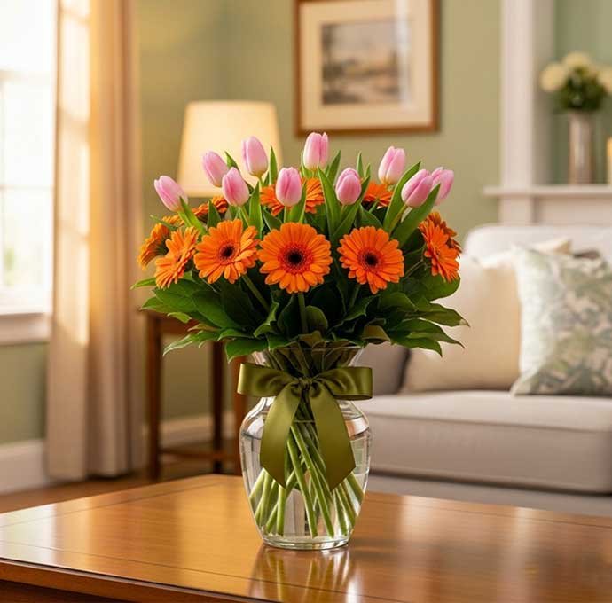 Los arreglos de tulipanes y gerberas son una combinación perfecta de elegancia y alegría, ideales para regalar en cualquier ocasión especial.