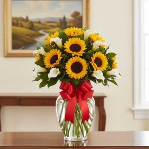 Los arreglos de alcatraces y girasoles son una combinación perfecta de elegancia y vitalidad. Los alcatraces, con su porte sofisticado y delicado, se mezclan con la alegría y energía de los girasoles, creando un diseño floral único y lleno de vida.