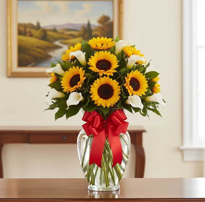Los arreglos de alcatraces y girasoles son una combinación perfecta de elegancia y vitalidad. Los alcatraces, con su porte sofisticado y delicado, se mezclan con la alegría y energía de los girasoles, creando un diseño floral único y lleno de vida.