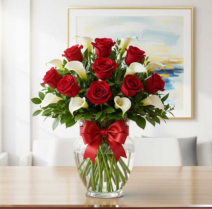 Los arreglos de alcatraces y rosas rojas son la máxima expresión de elegancia y pasión. Los alcatraces, símbolo de pureza y distinción, se combinan con la intensidad de las rosas rojas, que representan amor profundo y emociones sinceras.