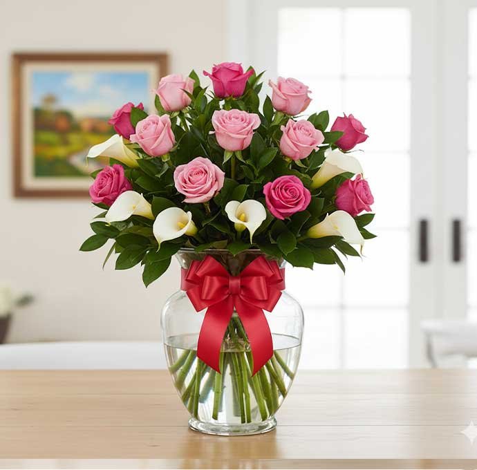 Los arreglos de rosas rosadas con alcatraces combinan la dulzura y ternura del color rosado con la elegancia única de los alcatraces.
